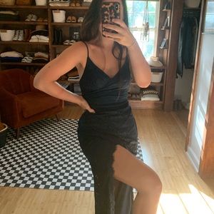 Navy lace wrap formal dress with dramatic slit!